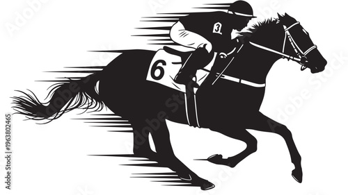 Racing horse in motion dynamic silhouette with rider in black and for sports branding on transparent background
