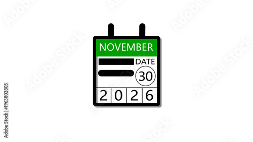 30 November 2026 Calendar illustration with clock icon. Perfect for countdown videos, on a black background. and stunning 4k illustration.