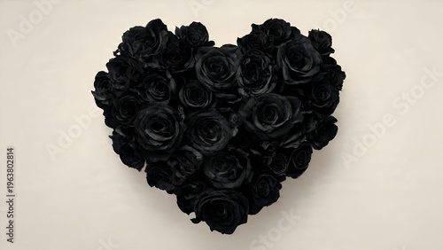 Elegant Black Rose Heart Floral Arrangement on Neutral White Texture Background for Romantic, Gothic, Funeral, Sympathy or Valentines Day Design.