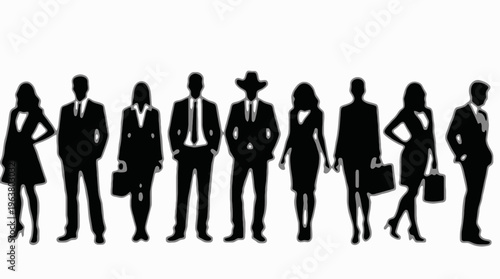 Business people silhouettes, group of standing business men and women 
