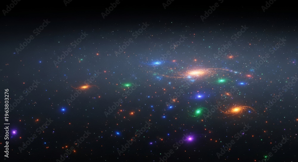 Naklejka premium A shimmering, boundless, otherworldly void reflecting countless nascent lights, hinting at cosmic genesis and unformed stellar beauty across an ethereal plane, glow, potential, void