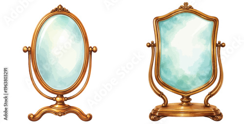 Watercolor vintage vanity mirror collection illustration, ornate gold tabletop mirrors isolated on white background.