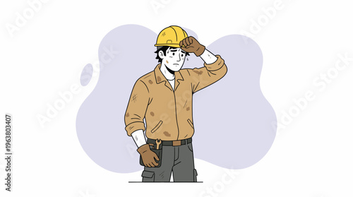 Tired Construction Worker Wiping Sweat Off Forehead After Hard Day's Work Illustration