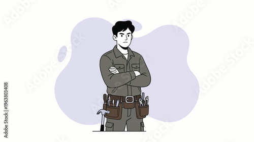 Professional Handyman with Tool Belt Standing Confidently, Ready for Work and Home Repair Projects Illustration