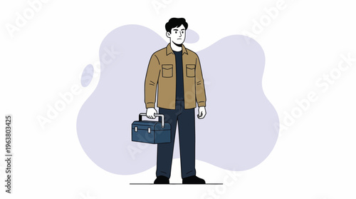 Full Length Illustration of a Diligent Handyman or Technician Character Carrying a Blue Toolbox, Ready for Work and Service