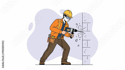 Skilled Construction Worker Drilling a Wall with Power Tool, Highlighting Renovation and Building Process