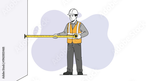 Diligent Construction Worker in Safety Vest and Hard Hat Precisely Measuring a Wall with a Tape Measure, Illustrated.
