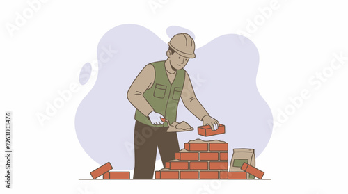 Skilled Construction Worker Laying Bricks with Trowel and Mortar, Building a Wall, Symbolizing Hard Work and Development