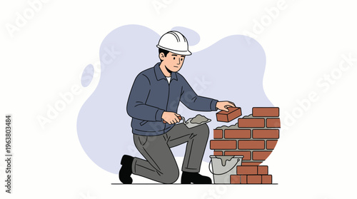 Diligent Construction Worker Laying Bricks with Trowel and Mortar, Building Wall on Site, Cartoon Vector Illustration