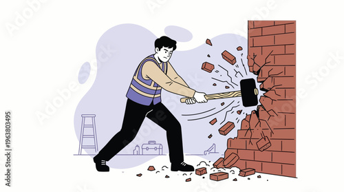 Determined Man in Safety Vest Demolishing a Brick Wall with Sledgehammer, Symbolizing Hard Work and Overcoming Obstacles