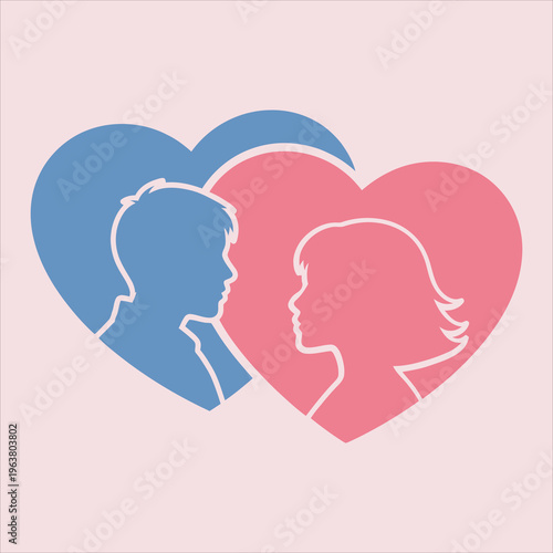 Two hearts containing male and female profiles facing each other symbolizing love and union on soft pink backdrop.