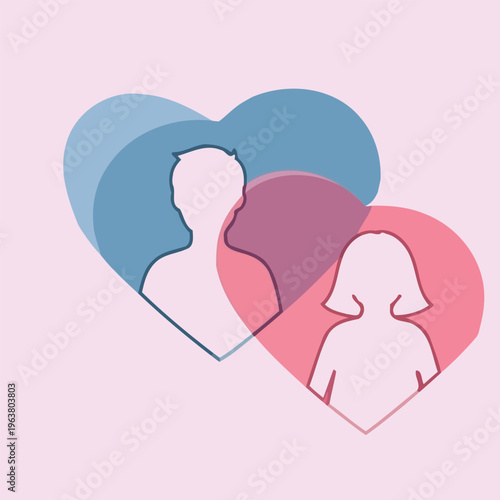 Two overlapping hearts with silhouetted couple profiles inside representing love and relationships on pink background.