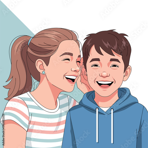 Girl whispering a secret to a boy they are both smiling and happy outdoors with simple background.