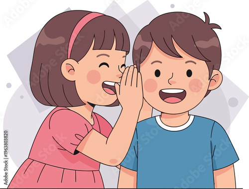 Cute young girl whispering secret to happy little boy kids having fun sharing secrets on isolated background.