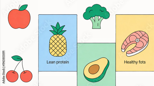 Common Foods Categorized as Fruits, Lean Protein, Vegetables, and Healthy Fats