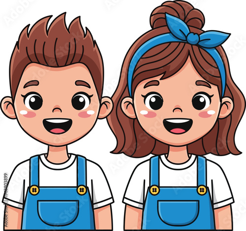 Cartoon boy and girl portraits wearing blue overalls and t shirts, smiling with wide open mouths, rosy cheeks, and cute eyes.