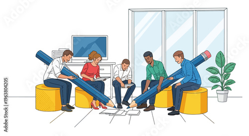 Multi-ethnic creative agency team using design thinking and collaborative strategy to build innovative brand solutions in a modern workspace