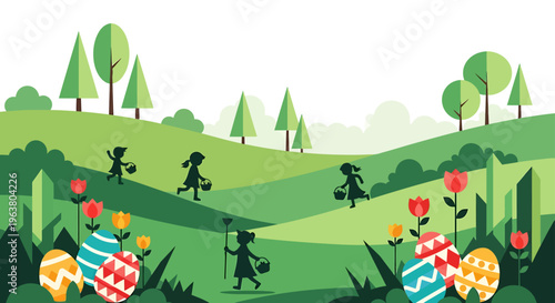 children enjoying an easter egg hunt in a vibrant green spring landscape a playful outdoor celebration