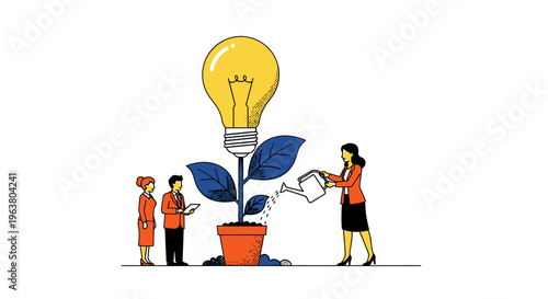 Strategic Innovation and Creative Growth: Professional Team Nurturing High-Impact Business Ideas in a Modern Flat Design Style