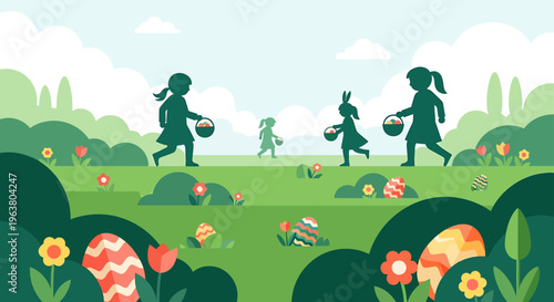children on an easter egg hunt in a vibrant spring park collecting colorful decorated eggs in baskets during a fun outdoor activity.