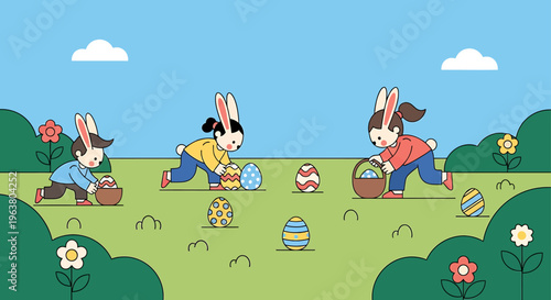 children with bunny ears on an easter egg hunt collecting decorated eggs in a sunny green field a perfect spring holiday celebration.