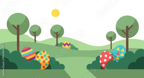 colorful easter egg hunt in a vibrant green spring landscape perfect for holiday celebrations and outdoor fun.