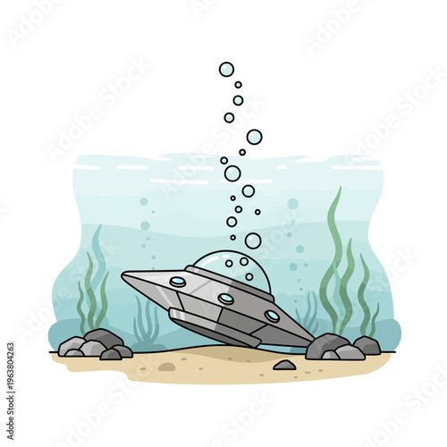 a crashed ufo lies submerged on the ocean floor leaking mysterious bubbles illustrating a sci-fi alien spaceship accident.