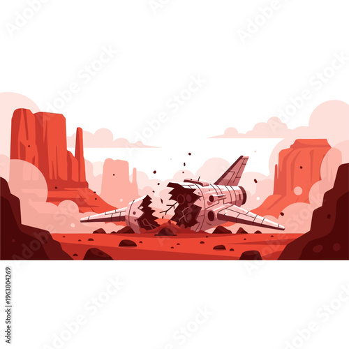 a crashed spaceship lies broken in a vast desert landscape on a red planet depicting a dramatic science fiction space exploration accident