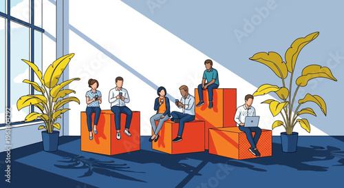 Diverse creative team driving digital innovation and corporate connectivity in a vibrant modern hybrid workspace