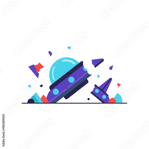 crashed ufo broken spaceship in flat design illustrating an unexpected problem technical failure or accident concept.