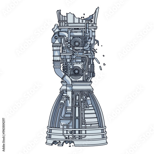 a damaged rocket engine illustration detailing complex industrial machinery and intricate propulsion system components depicting engineering concepts.
