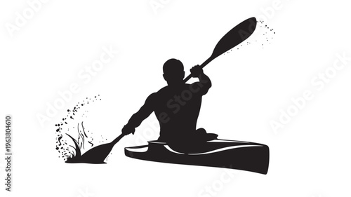 Kayaker silhouette paddling through water splashes in dark monochrome for adventure travel Transparent Background
