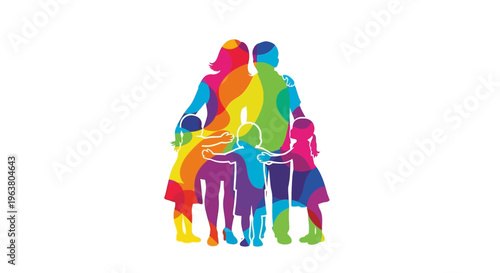 Rainbow colored family of four standing.