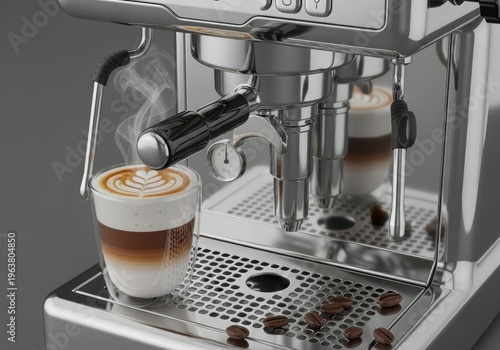 Polished metallic beverage preparation machine dispenses layered caffeinated drink with foamed topping