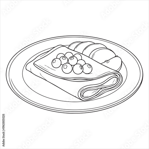 A plate with a folded crepe and blueberries on top