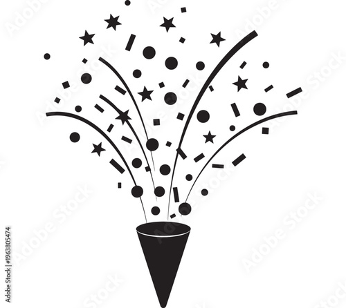 Black party popper with confetti and stars in minimalist style for celebration Transparent Background