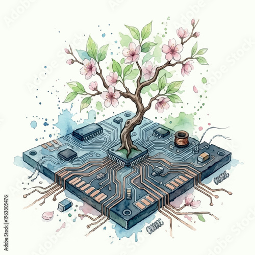 Biomechanical sakura sapling on a printed circuit board: watercolor cyberpunk biodesign of future innovations and nature, isolated