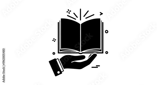 Hand holding an open book symbol.