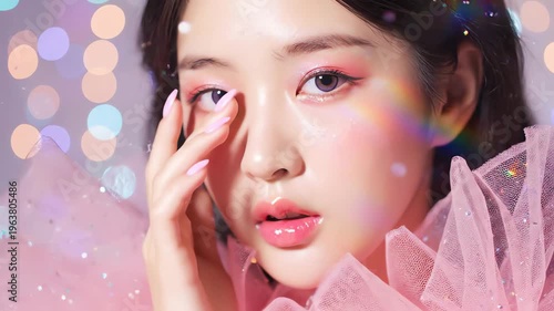 Beauty Portrait of a Young Girl with Radiant Pink Makeup and Sparkling Glitter in a Dreamy Ethereal Setting