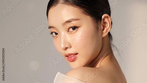 Beauty Portrait Close Up of a Woman in Soft Studio Lighting with Glowing Skin and Elegant Pose