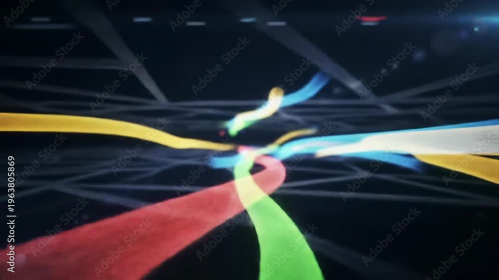 custom made wallpaper toronto digitalVibrant red, green, blue, yellow volumetric light streams on a dark digital landscape with geometric patterns, flow and interact, visualizing data, network, and insights. Advanced technology concept