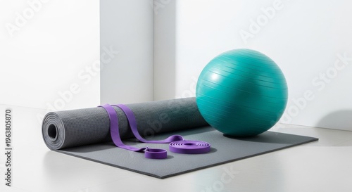 A bright clinical room features a textured exercise mat, purple elastic resistance bands, and a teal balance ball for physical therapy, clinic, medicine, modern