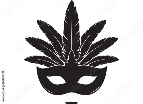 Black Venetian masquerade mask with feathers in minimalist monochrome illustration for carnival party Transparent Background