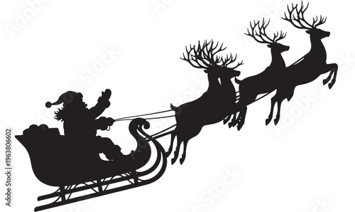 Santa Claus in silhouette riding sleigh pulled by reindeer in dark dramatic lighting for Christmas decoration Transparent Background