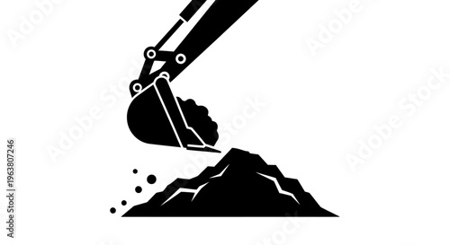 Excavator digging pile of dirt ground.