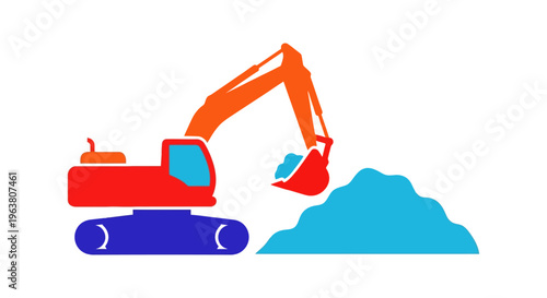 Excavator digging pile of dirt ground.