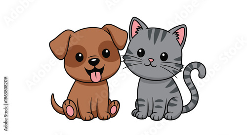 Cute puppy and kitten sitting together flat vector illustration with adorable pet characters isolated on white background