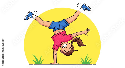 Cartoon girl doing a handstand in a playful outdoor setting