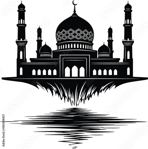 Abstract Silhouette Illustration of a Floating Mosque with Reflection for Islamic Architecture, Culture, and Travel Design Projects