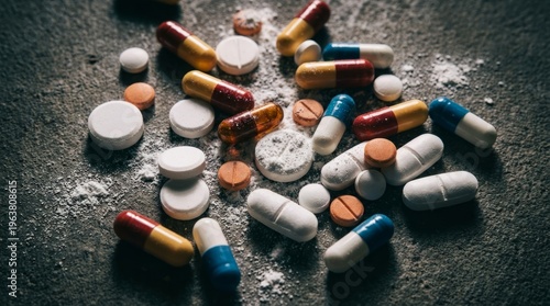 Scattered Assortment of Colorful Prescription Pills On Surface.